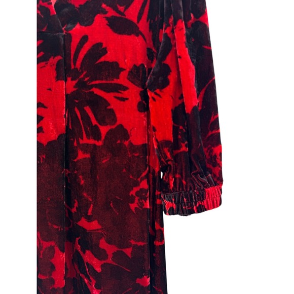 Masai Red Black Floral Velvet Midi Dress Long Sleeve Boho Chic Scandinavian‎ L - Picture 4 of 8